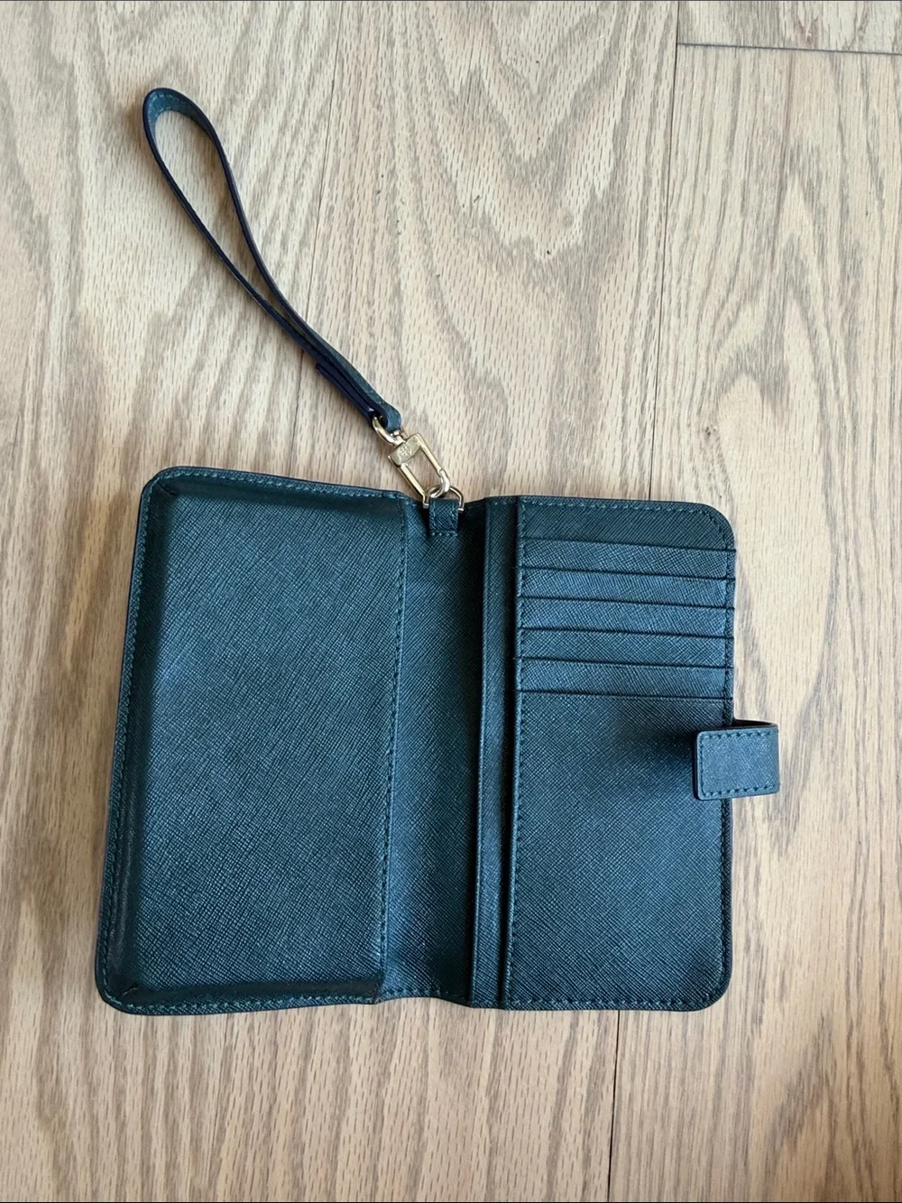 Tory Burch Dark Green Saffiano Wristlet Card Holder with Gold Logo